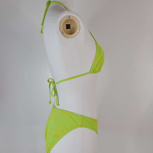 90s Y2K Vintage Neon Green Triangle Floral High Thigh Bikini Swim Suit - Picture 5 of 12
